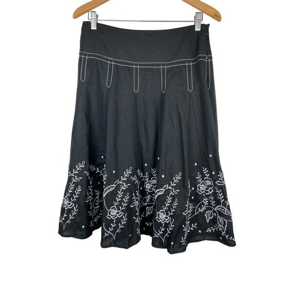 e-col-o-gie Women's 8 Black Embroidered Linen Blend Full A-Line Skirt - Picture 1 of 6
